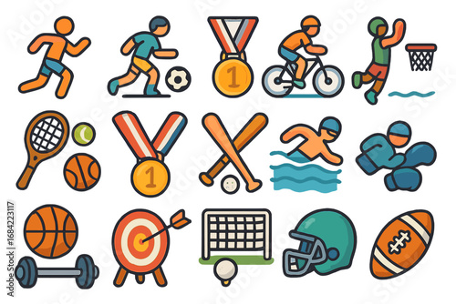 Sports icon collection. Colorful vector illustration of various athletic games. Set includes football, soccer, basketball, running, cycling, swimming, baseball, tennis, award medals.