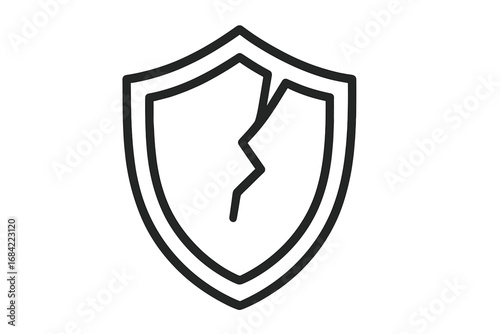 Cracked shield vector icon. Broken security and protection symbol. Metaphor for vulnerability, risk, data breach, danger, and failed cybersecurity. Unsafe outline sign.