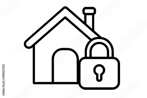 Home security system concept. House and lock icon for safety and protection. Real estate, property insurance symbol. Secure home, private access, padlock pictogram. Vector.