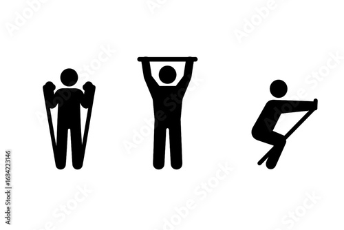 Resistance band exercise icon set. Solid glyph pictograms for fitness workout. Bicep curl, shoulder press, squat with band. Strength training vector symbols for gym and home.