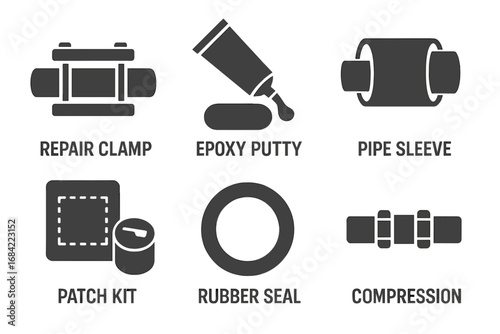 Pipe repair tools flat icon set. Plumbing equipment for fixing water leaks. Vector glyphs of repair clamp, epoxy putty, pipe sleeve, patch kit, rubber seal, and compression fitting.