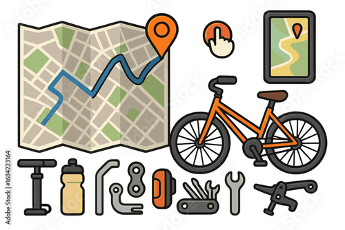 Cycling equipment and navigation icons. Vector set with bicycle, city map, route pin, GPS, and repair tools for maintenance. Bike accessories for adventure and travel.