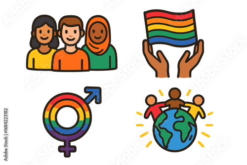 Set of icons representing diversity, inclusivity, and equality. Vector symbols for community, multiculturalism, and global unity. Features rainbow flag and gender sign for LGBTQ pride.