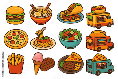 Set of street food icons. Fast food meal collection with food truck, pizza, burger, ramen, spaghetti, taco. Vector cartoon illustration for menu, restaurant, delivery service.