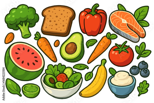 Colorful Variety of Healthy Foods Vector Illustration, Fresh Vegetables, Fruits, Nuts, Salmon, Salad Bowl, and Dairy on White Background, Vibrant Culinary Experience Cartoon Graphic