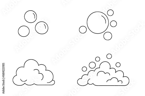 Soap bubble and foam line icon set. Simple outline pictograms of suds, lather, and fizz. Vector illustration for cleaning, washing, hygiene, and sparkling water concepts.
