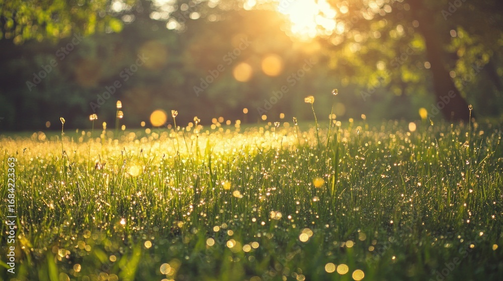Fototapeta premium Golden sunlight on dewy grass