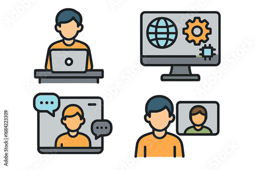 Remote work icon set. Vector icons for telecommuting, business, and online collaboration. Home office, video conference, virtual meeting, freelance, and communication symbols.