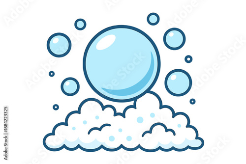 Soap bubbles and foam vector illustration. Clean suds background. Concept for washing, hygiene, freshness, laundry, bathroom. Blue water fizz, bubble bath cartoon graphic.