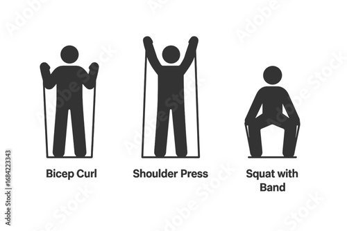 Resistance band exercise solid icon set. Man doing bicep curl, shoulder press, squat with band. Fitness pictogram for workout, training, gym, sport, physiotherapy, strength.
