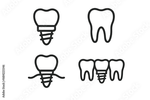 Dental implant and tooth line icon set. Dentistry, stomatology, and oral surgery concepts. Tooth replacement, prosthesis, crown, and dental bridge vector pictograms for web.