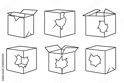 Broken box linear icon set. Damaged cardboard container vector collection. Fragile cargo, bad shipping, delivery problem concept. Cracked, crushed package illustration.