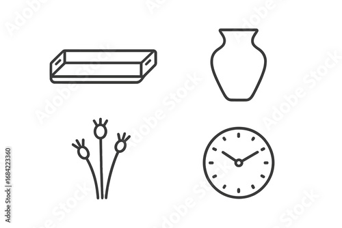 Minimalistic modern decor icon set with wooden tray, elegant clay vase, dried flowers bouquet, simple wall clock, vector outline illustration for home interior design accents