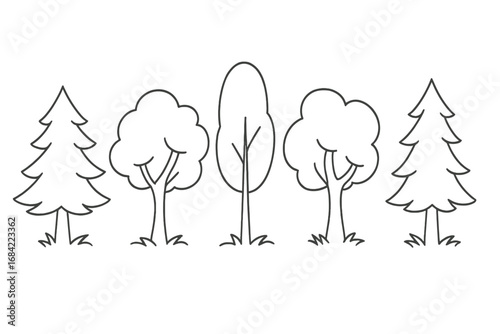 Set of line art tree icons. Forest and park elements. Doodle style pine, fir, deciduous tree. Simple nature outline illustration. Ecology and environment concept. Vector.