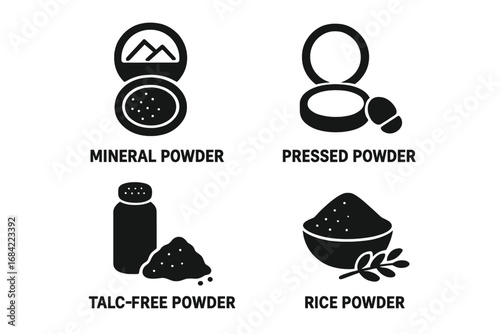 Powder Icon Collection with Mineral Powder, Pressed Powder, Talc-Free Powder, and Rice Powder Solid Filled Vector Icons, Cosmetic and Beauty Product Symbols Transparent