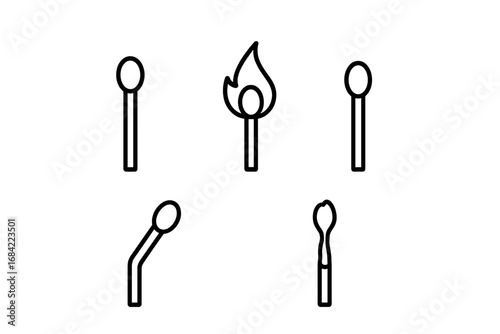 Matchstick icon set in a minimalist line art style. Includes new, lit with fire, bent, and burnt matches. Vector pictogram collection for graphic design or web elements.