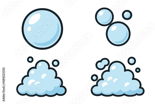 Soap bubbles vector set. Cartoon foam, suds, and fizzy pop effect for cleaning or laundry design. Blue water bubble illustration isolated on transparent background. Fun comic icons.