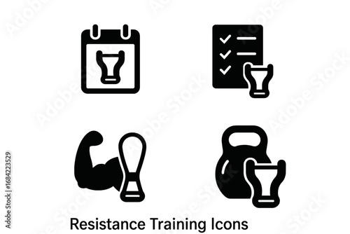 Resistance training solid glyph icon set. Fitness symbols for workout plan, schedule calendar, checklist, progress tracker, muscle growth, bicep, kettlebell, weightlifting.