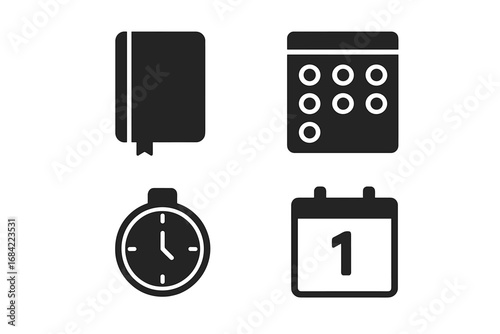 Minimalist productivity icons set featuring solid filled vector illustrations of journal, habit tracker, focus timer, and daily planner for efficient organization and time management