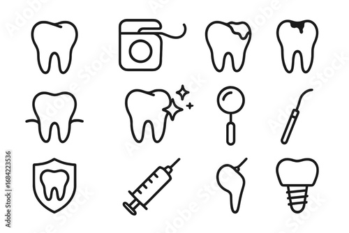 Dentistry line icon set. Teeth, dental floss, caries, cleaning outline signs. Stomatology pictograms for graphic design. Oral care, tooth protection, implant, anesthesia vector icons.