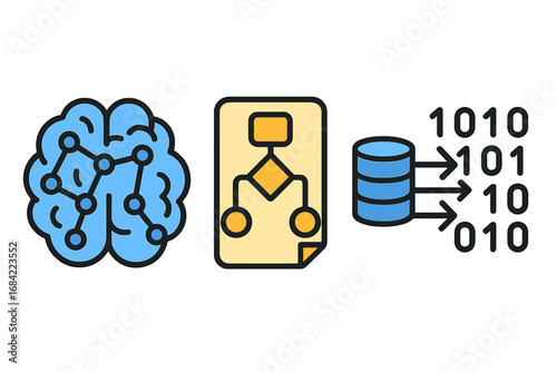 Machine learning icon set. Artificial intelligence concept with neural network brain, algorithm flowchart, and database with binary code. Data science, big data analysis vector.