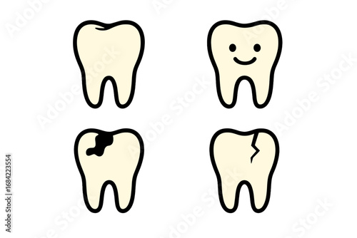 Tooth icon set. Cartoon teeth collection. Healthy, smiling, with caries and broken. Dental care concept. Dentistry symbol for clinic. Vector illustration isolated.