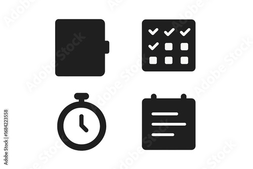 Minimalist Productivity Icons Set, Solid Filled Vector Symbols Including Journal, Habit Tracker, Focus Timer, and Daily Planner for Task Management and Workflow Optimization