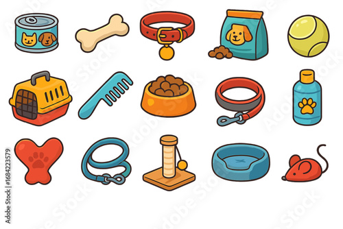 Pet shop icon set with dog and cat accessories. Vector cartoon illustration collection of pet care items like food, toys, collar, leash, carrier, bed, and grooming tools.