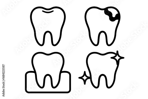 Set of four tooth line icons for dental care. Vector symbols of dentistry concepts. Healthy tooth, caries, decay, cavity, gum problems, and clean sparkling white teeth.