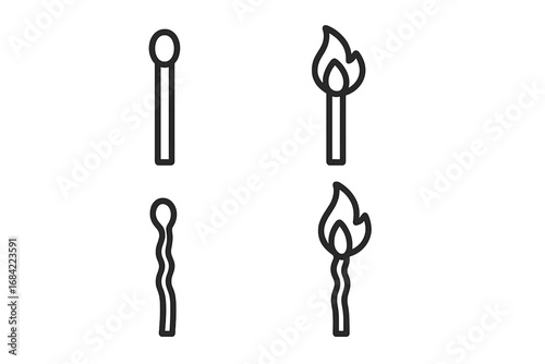 Matchstick outline icon set. Vector illustration of burning & unlit matches. Straight and bent. Concepts: fire, flame, ignition, heat, danger, idea, solution, problem.