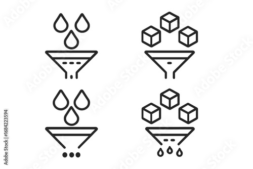 Filter and funnel line icon set. Data processing, sorting, transformation, and selection concept. Input output data flow, analysis, purification and conversion symbol.