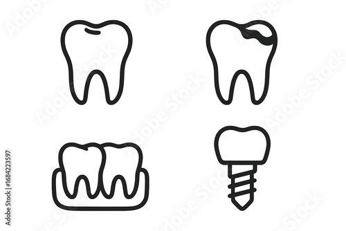 Dental icons set. Tooth line symbols for stomatology and dentistry. Vector illustration of a healthy tooth, caries, dental implant, and gums. Oral care and hygiene concept.