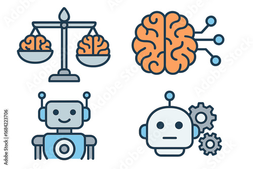 Artificial intelligence icon set. Concepts of machine learning, robotics, AI ethics, automation, neural network, and cyborg technology. Vector illustration of brain, robot, and gears.