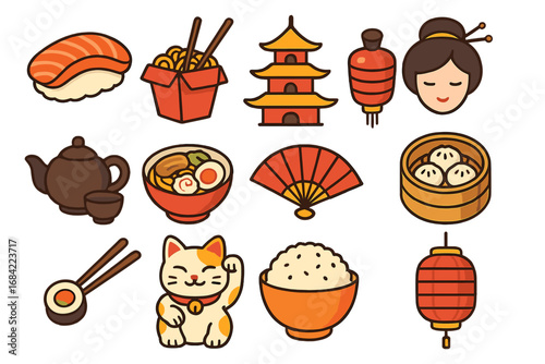 Set of Asian culture icons. Japanese and Chinese food and travel symbols. Vector cartoon illustration collection with sushi, ramen, lantern, pagoda, geisha, and lucky cat.
