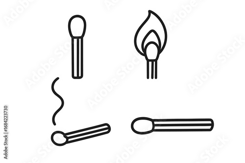 Matchstick icon set showing stages of burning from ignition to extinguished. Vector outline illustration of fire, flame, smoke, and burnout. Metaphor for idea or danger.