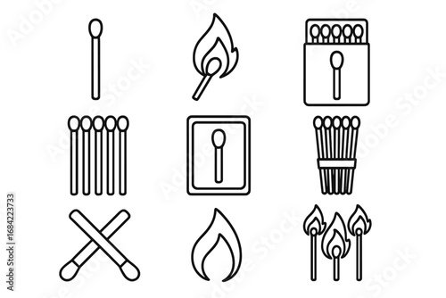 Matchstick and flame outline icon set. Vector illustration of burning matches, open matchbox, wooden stick symbols. Simple line art collection for web and graphic design.