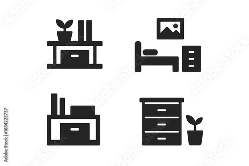 Modern Minimalist Lifestyle Icons Set, Solid Filled Vector Illustrations, Decluttering and Organization Concepts, Simple Shelf, Tidy Room and Storage Elements, Clean Living, Home Decor Symbols