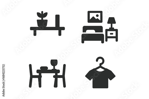 Minimalist Lifestyle Icons Set, Solid Filled Vector Graphics of Modern Simple Living Concepts, Decluttering, Clean Shelf, Tidy Bedroom, Organized Dining, and Neat Clothing Hanger Illustration
