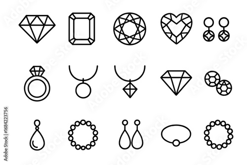 Jewelry line icon set with diamond, ring, gem, necklace, and earring symbols. Vector outline pictogram collection for luxury, fashion, and beauty graphics for web and apps.
