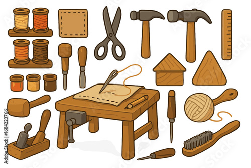 Various Crafting Tools and Materials Collection for Traditional Artisan Workshops, DIY Handcraft Supplies, and Handmade Workstations - Vector Cartoon Illustration Set