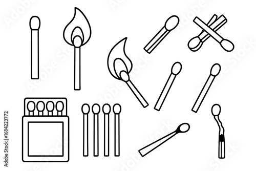 Matchstick outline icon set. Vector collection of burning, burnt and new matches. Matchbox, fire flame symbol. Simple line art illustration for design. Ignition concept.