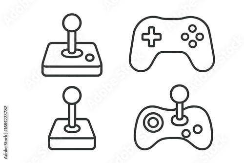 Joystick and gamepad line icon set. Video game controller, console pictogram collection. Minimalist linear gaming symbols for apps. Retro arcade and modern eSports vector.