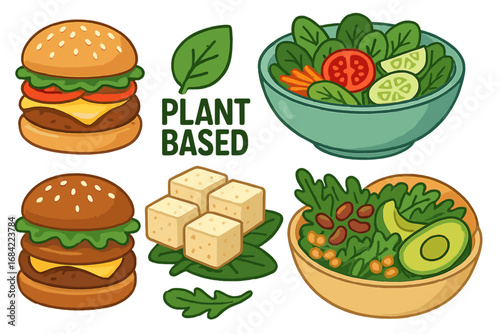 Variety of Plant-Based Foods Including Burgers, Tofu Cubes, Fresh Salads, and Healthy Vegetables, Vector Cartoon Illustration with Transparent Background, Vegan and Vegetarian Food Concept