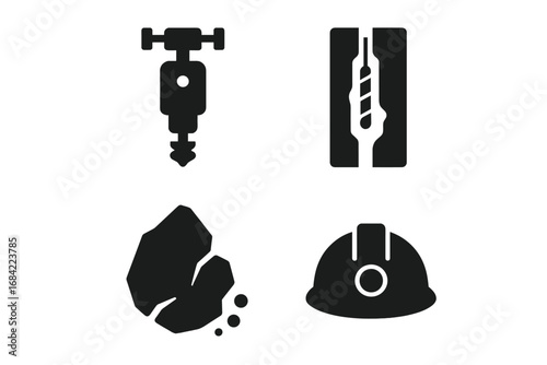 Mining Icons Set, Solid Filled Vector Graphics of Geological Drilling Core Drill, Borehole, Rock Sample, Safety Helmet, Industrial Mining Equipment and Geology Tools Illustration