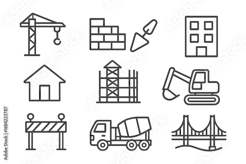 Construction line icon set. Building, engineering and architecture symbols. Vector collection of crane, excavator, house, bridge, truck. Editable stroke pictograms for web.