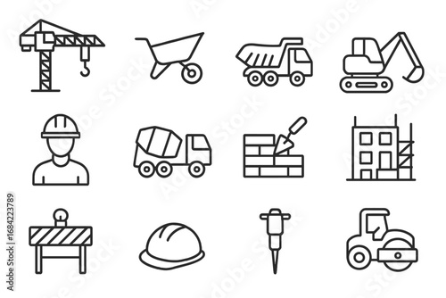 Construction line icon set collection. Building industry symbols. Heavy machinery, equipment, and tools. Crane, excavator, dump truck, cement mixer, worker pictogram collection.