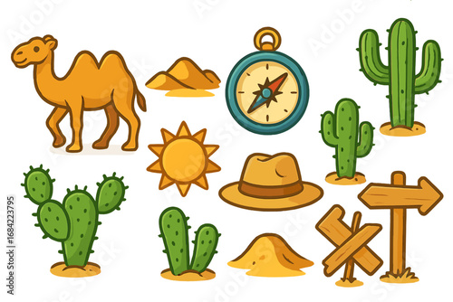 Desert adventure icon set with camel, cactus, and compass for exploration. Vector cartoon illustration of safari journey elements. Travel, nature, and expedition clip art collection.