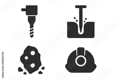 Mining icons set, solid filled vector illustrations of geological drilling core drill, borehole, rock sample, and mining helmet, geology equipment, exploration symbols
