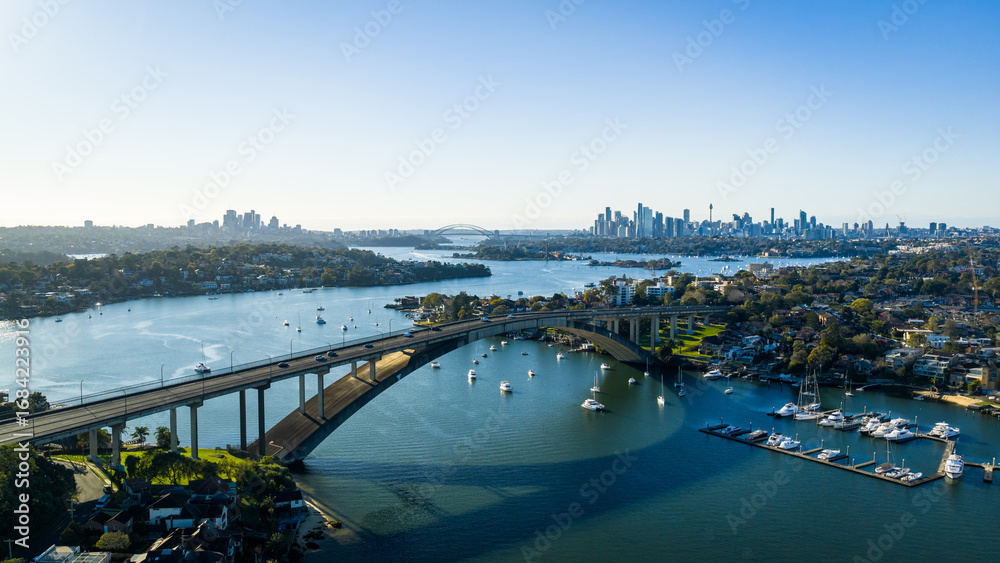 Fototapeta premium Sydney City Skyline with Gladesville Bridge over Parramatta River