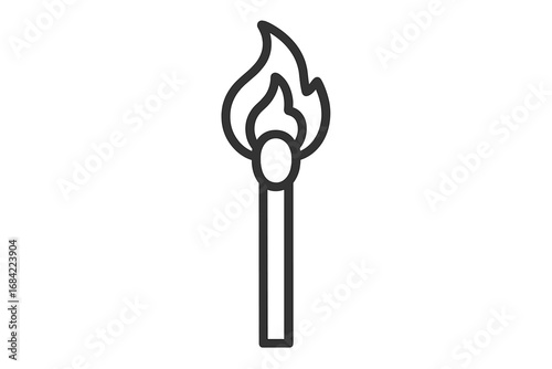 Burning matchstick outline icon. Simple linear vector symbol of a lit match with fire flame. Concept of idea, ignition, heat, energy, danger, and starting. Isolated graphic.